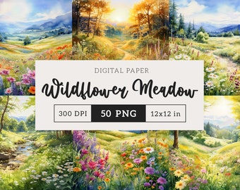 Wildflower Meadow Digital Paper Set PNG Spring Summer floral landscape backdrop graphics background Junk Journal Scrapbooking 12x12 paper