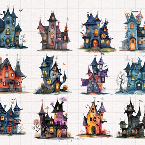 May include: Twelve watercolor illustrations of whimsical Halloween houses with various colors, shapes, and details. Each house has a unique design, including turrets, windows, and doors. The houses are set against a white background with a grid pattern.