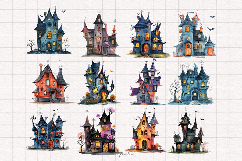 May include: Twelve watercolor illustrations of whimsical Halloween houses with various colors, shapes, and details. Each house has a unique design, including turrets, windows, and doors. The houses are set against a white background with a grid pattern.