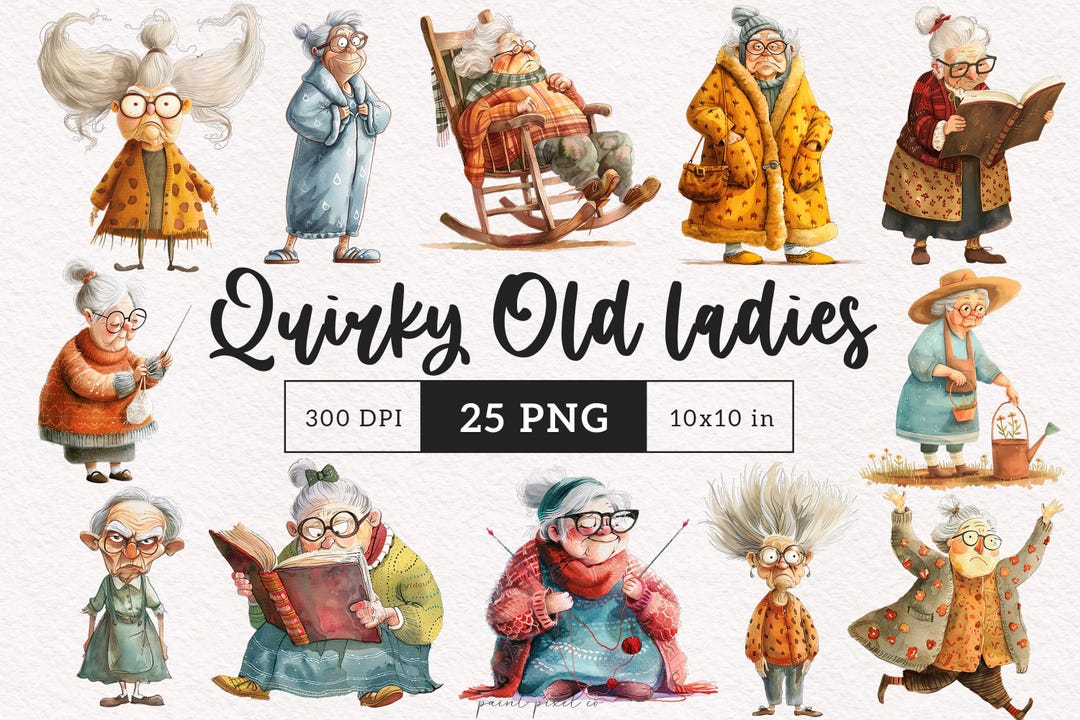 Quirky Old Ladies Clipart Silly Grandma PNG Whimsical Funny Granny ...