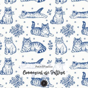 May include: A repeating pattern on a white background featuring blue ink-style illustrations of cats in various poses, some wearing glasses or scarves, interspersed with small flowers and stars. The text PaintPixelco Commercial use Pattern is visible.
