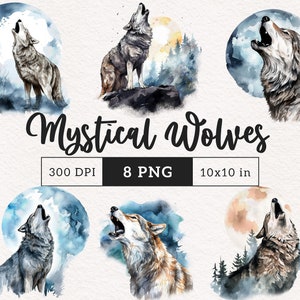 Howling Wolf clipart PNG Bundle watercolor wolves Sublimation transfer clip art full moon graphic illustrations wilderness werewolf animals