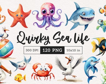 May include: A set of 120 watercolour illustrations of quirky sea creatures, including a starfish, octopus, shark, seahorse, turtle, fish, pelican, crab, and a seagull. The illustrations are in a cartoon style and are perfect for adding a touch of whimsy to any project.