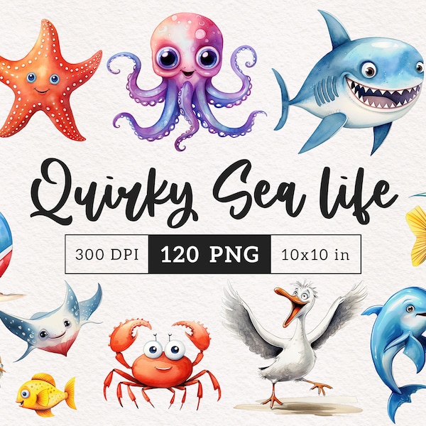 Quirky Ocean animals Clipart Sea life PNG Dolphin graphics Shark Whimsical Octopus Seagull Sublimation turtle Funny Fish Silly illustration