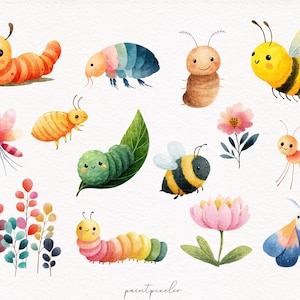 May include: Watercolor illustrations of various insects, including caterpillars, bees, butterflies, and a dragonfly. The insects are depicted in a cute, cartoon style with bright colors and friendly expressions. Flowers and leaves are also included.