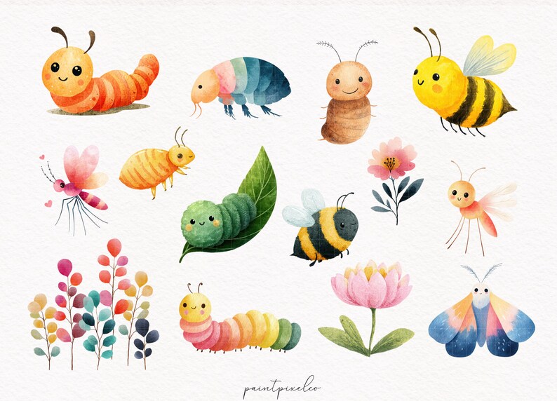 May include: Watercolor illustrations of various insects, including caterpillars, bees, butterflies, and a dragonfly. The insects are depicted in a cute, cartoon style with bright colors and friendly expressions. Flowers and leaves are also included.