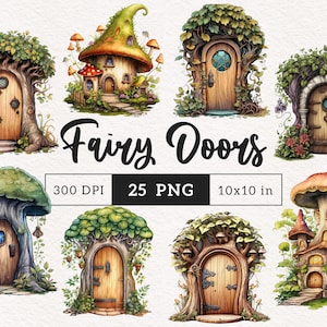May include: A set of 25 digital illustrations of fairy doors, each featuring a unique design with intricate details. The doors are set in various whimsical settings, including trees, mushrooms, and houses. The illustrations are perfect for adding a touch of magic to any project.