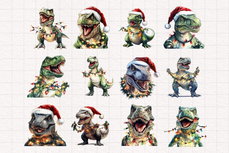 May include: Ten digital illustrations of green dinosaurs wearing Santa hats and Christmas lights. The dinosaurs are in various poses, some are standing, some are sitting, and some are looking at the viewer.