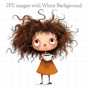 20 eigenzinnige koffie meisjes JPG clipart grillige cafeïne liefhebbers sublimatie illustraties rommelige mensen met koffie kaarten maken Mixed Media JPG's