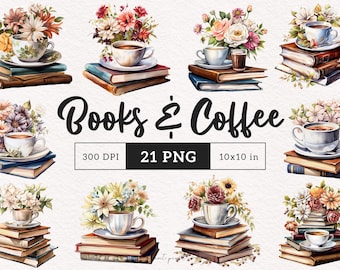 Books & coffee PNG Watercolor Floral books clipart cozy Spring aesthetic coffee lover Sublimation Paper Crafting Junk Journal Kit Printable