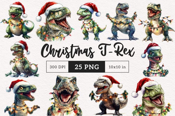 Christmas trex Clipart Holiday dinos Winter T-rex PNG xmas dinosaur Sublimation DTF Festive christmas decor clip art Santa Tyrannosaurus rex