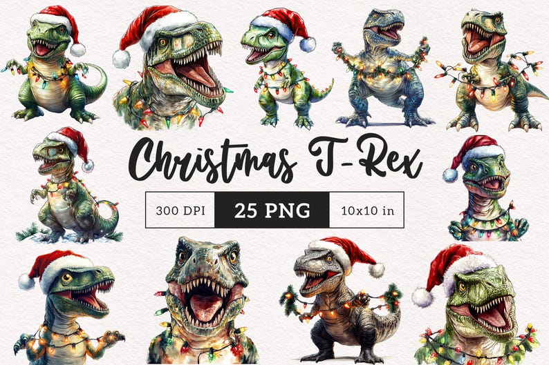 May include: A set of 25 digital illustrations of Christmas-themed T-Rex dinosaurs wearing Santa hats and decorated with Christmas lights. The illustrations are 300 DPI and 10x10 inches.