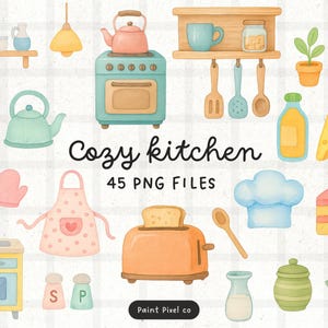 Puede incluir: Ilustración en acuarela de imágenes prediseñadas con temática de cocina. Incluye una estufa, tetera, tostadora, delantal y otros artículos de cocina. También está presente el texto "Cozy kitchen" y "45 PNG FILES".