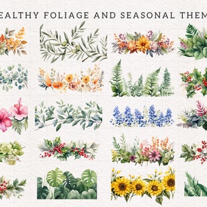 May include: A collection of watercolor illustrations featuring various foliage and seasonal themes. The illustrations include sunflowers, holly, ferns, hibiscus, and more.