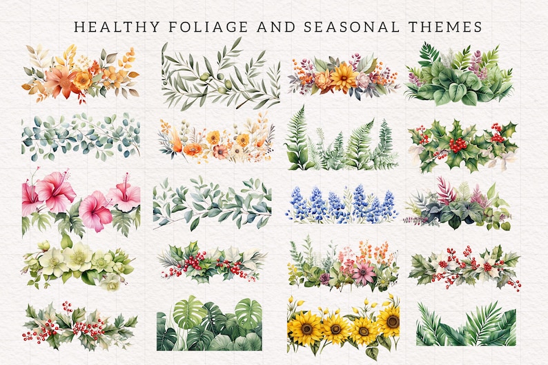 May include: A collection of watercolor illustrations featuring various foliage and seasonal themes. The illustrations include sunflowers, holly, ferns, hibiscus, and more.