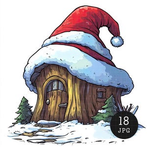18 Santa Gnome House Clipart Casa de Natal Caprichosa JPG Imprimível Gráficos de férias Sublimação de cartão Fazendo chapéu de Papai Noel de mídia mista
