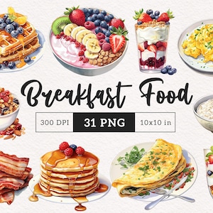 Clipart de comida para el desayuno, avena, tocino, PNG, tazones de desayuno, panqueques, waffles, gráficos, tostada, huevos, parfait, ilustración, manualidades con papel, álbum de recortes, comida