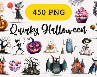 Könnte beinhalten: Ein Set mit 450 skurrilen Halloween-Clipart-Bildern im PNG-Format. Die Bilder zeigen eine Vielzahl von Charakteren, darunter einen Vampir, ein Gespenst, ein Skelett, eine Katze, eine Fledermaus, einen Zombie und eine Hexe. Es gibt auch Bilder von Kürbissen, Spukhäusern und anderen Halloween-Motiven.