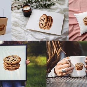 May include: A set of four chocolate chip cookies stacked on top of each other. The cookies are brown and have chocolate chips in them. The cookies are on a white background.