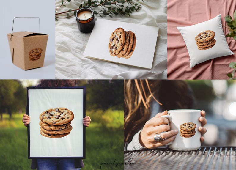 May include: A set of four chocolate chip cookies stacked on top of each other. The cookies are brown and have chocolate chips in them. The cookies are on a white background.