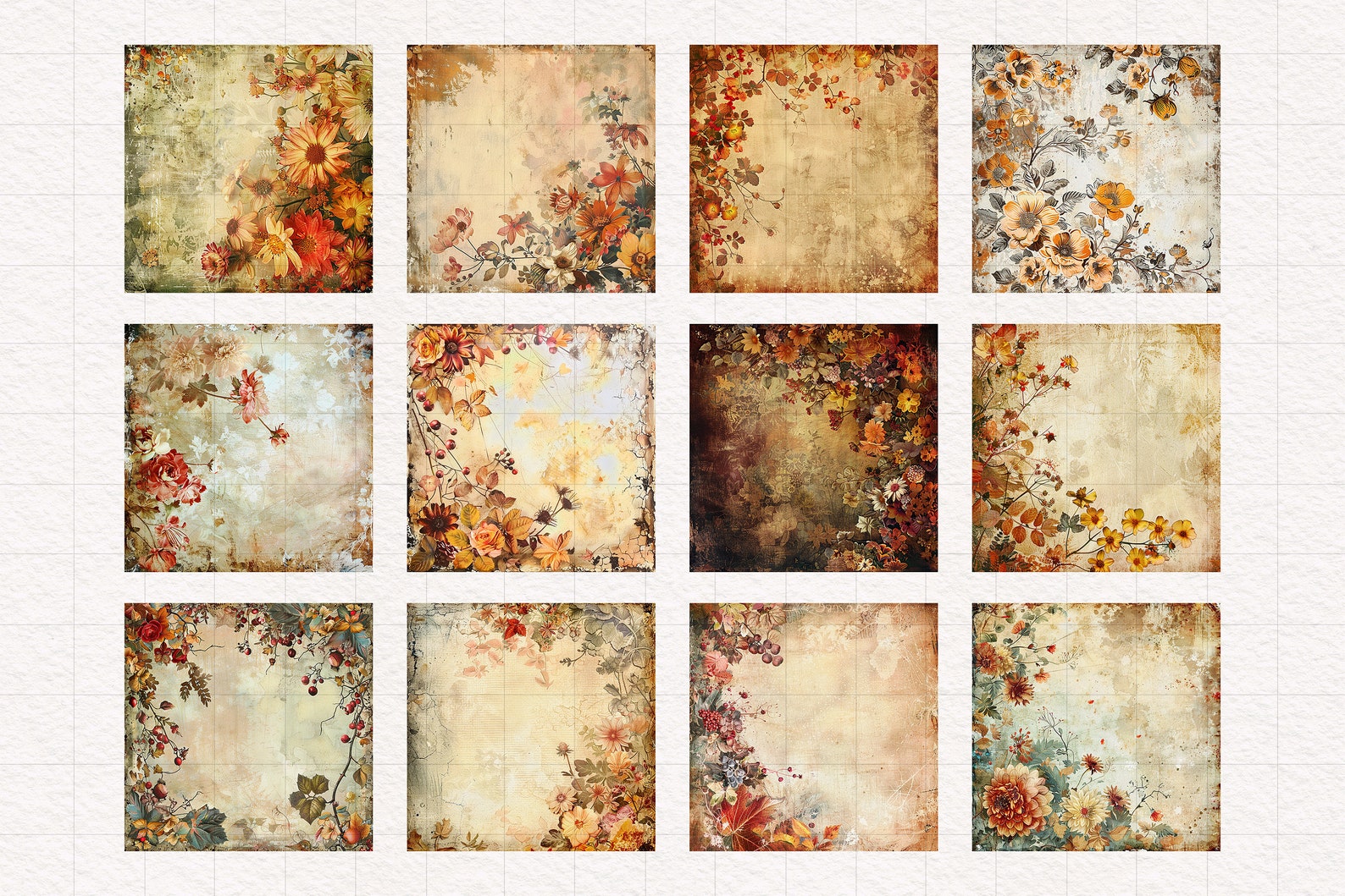 Shabby Autumn Digital Paper PNG Vintage Fall Background Rustic Floral ...