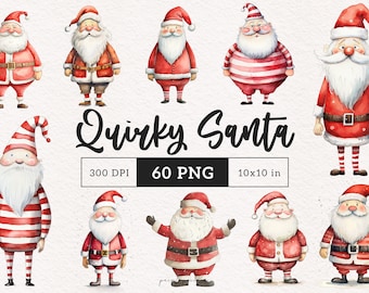 Op de afbeelding: Set van 10 aquarel illustraties van eigenzinnige kerstman-personages. Elke kerstman draagt een rood pak met witte versieringen en een witte baard. Sommige kerstmannen dragen gestreepte broeken of hoeden. De illustraties zijn in een grillige stijl en zouden perfect zijn voor kerstambachten of digitale projecten.