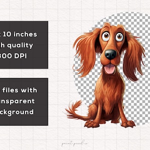 May include: Digital illustration of a red Irish Setter dog with a cartoonish style. The dog has large, expressive eyes and a playful expression. The background is transparent.