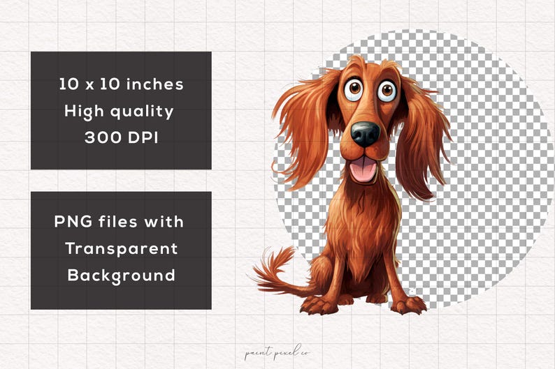 May include: Digital illustration of a red Irish Setter dog with a cartoonish style. The dog has large, expressive eyes and a playful expression. The background is transparent.