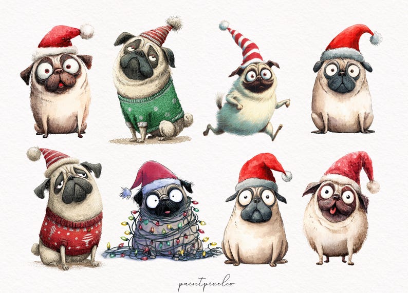 Quirky Pug Clipart Holiday Dog PNG Whimsical Funny Christmas Pugs ...