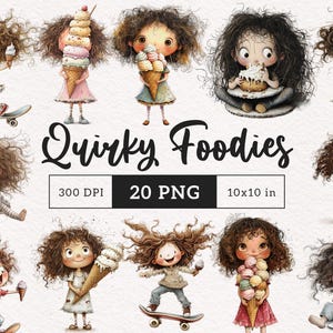 10 eigenzinnige foodie meisjes clipart Grillige dessertliefhebber, zoetekauw, eigenzinnigheid, mensen Sublimatie Dom meisje met ijscoupe DTF Rommelig haar