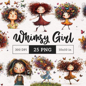 Skurrile Mädchen in Wiese Clipart, wunderliche Mädchen Schmetterlinge PNG Whimsy Blumen Mädchen Sublimation Tanzendes Mädchen DTF Scrapbooking Niedliche Grafiken