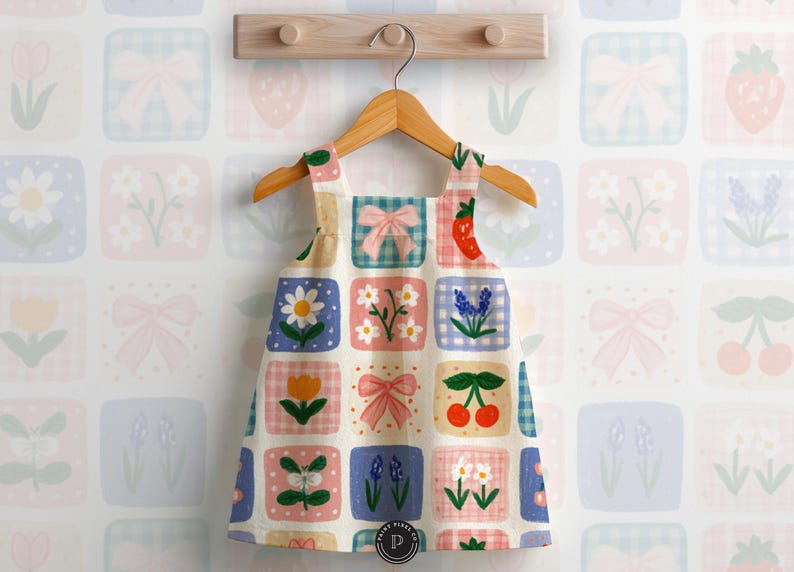 Puede incluir: Un vestido sin mangas con un patr&oacute;n de cuadr&iacute;cula de cuadrados coloridos. Cada cuadrado contiene una ilustraci&oacute;n &uacute;nica, incluyendo lazos rosas, fresas rojas, cerezas, margaritas blancas, tulipanes naranjas y flores azules sobre un fondo crema.
