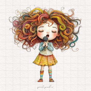 10 Quirky Musical Girls clipart Whimsical music lover PNG Funny girl with guitar Whimsy people Sublimination Silly singer DTF Messy hair