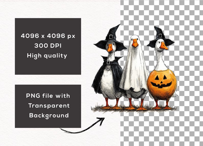 May include: Illustration of three geese dressed for Halloween. One goose wears a witch hat and cape, another is in a ghost costume, and the third is a jack-o'-lantern. The image is a PNG file with a transparent background.