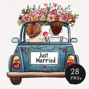 Just Married auto clipart grillig pas getrouwd auto PNG schattig paar illustratie bruid en bruidegom afbeelding scrapbook kaarten maken commercieel gebruik