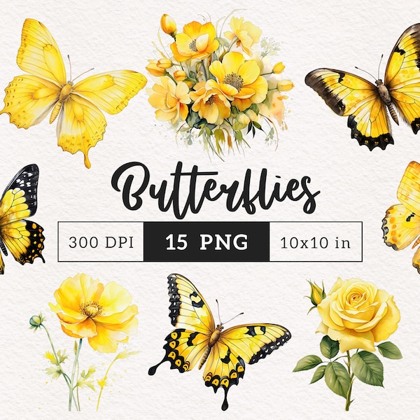 Yellow Butterfly PNG Butterflies clipart black butterfly clip art Sublimation scrapbook Digital paper crafting Commercial use PNG