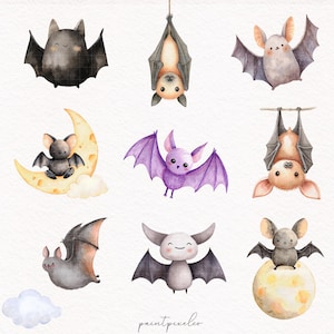 May include: A collection of watercolour illustrations featuring bats in various poses. The bats are depicted in shades of grey, purple, and brown, with some hanging upside down. One bat sits on a crescent moon. The overall theme is whimsical and cute.