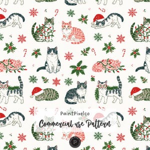 Motivo senza soluzione di continuità con gatti natalizi - Motivo festivo dipinto con gattini di Natale - Uso commerciale - Download digitale