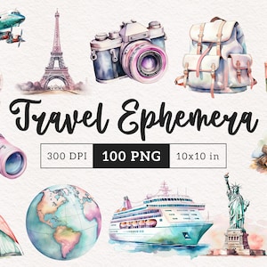 Clipart de viagens vintage coisas efêmeras aquarela férias mala de praia clip art PNG sublimação bagagem balão de ar quente ilustração retrô