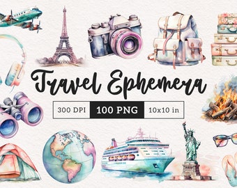 Vintage Travel Ephemera Clipart Watercolor Vacation Suitcase Beach clip art PNG Sublimation Luggage Hot air balloon Retro Illustration