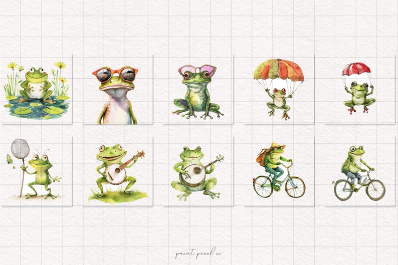 May include: A set of ten watercolor illustrations featuring frogs in various activities. The frogs are wearing sunglasses, playing musical instruments, riding bikes, and parachuting. The illustrations are perfect for adding a whimsical touch to any project.
