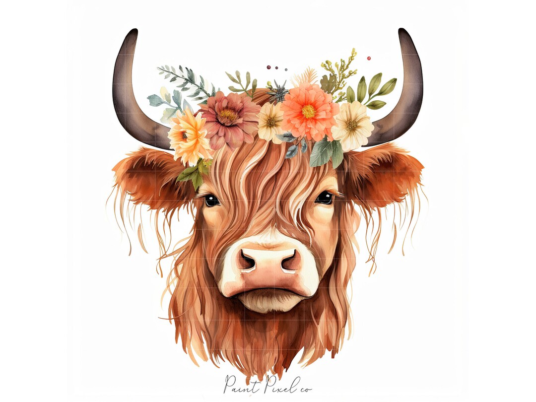 10 Highland Cow With Flowers Clipart High Quality Jpgs Floral Animal ...