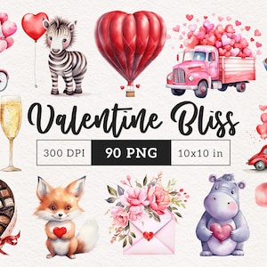 San Valentín clipart PNG Paquete Acuarela amantes día Sublimación transferencia dulces corazones dulces animales clip art lindo gráficos ilustración