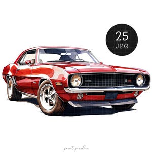 Könnte beinhalten: Ein rotes klassisches Muscle-Car mit einem schwarzen Kühlergrill und Chrom-Akzenten. Das Auto ist ein amerikanischer Oldtimer-Sportwagen.