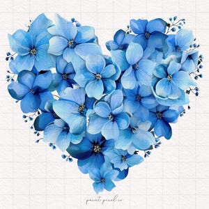 4 coeur floral bleu PNG fleurs bleues coeur Clipart Saint-Valentin coeur aquarelle sublimation papier artisanat Junk Journal Kit imprimable vacances