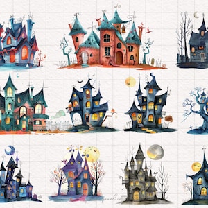 May include: Ten watercolor illustrations of spooky, whimsical houses with various architectural details, including towers, turrets, and windows. The houses are painted in shades of blue, purple, green, and orange, and are set against a white background.