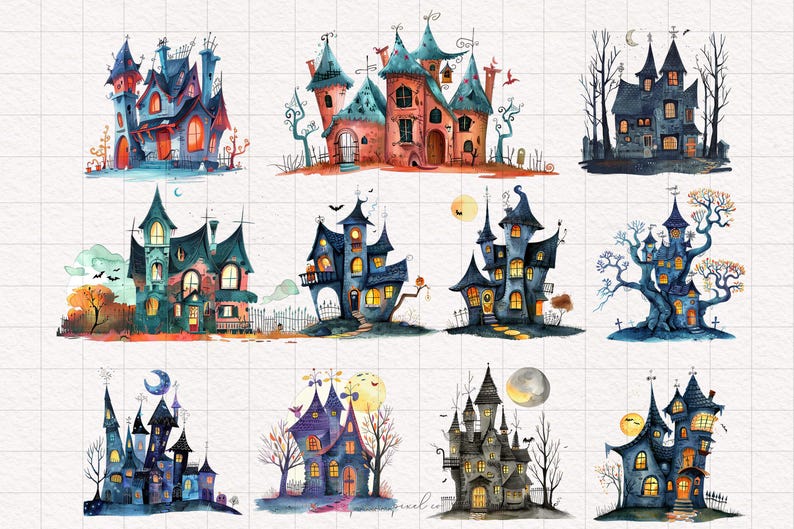 May include: Ten watercolor illustrations of spooky, whimsical houses with various architectural details, including towers, turrets, and windows. The houses are painted in shades of blue, purple, green, and orange, and are set against a white background.