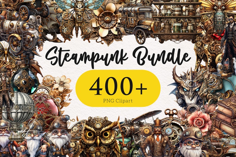 May include: A collection of over 400 steampunk-themed PNG clipart images. The images feature gears, cogs, robots, and other intricate designs in a vintage style.