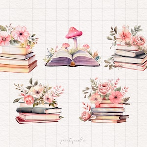 5 shabby boek clipart bloemen boeken png schattig vintage sprookje kinderboeken illustratie roze paddestoel stapel boeken voor meisjes met rozen