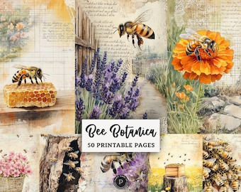 Honey Bee Junk Journal Kit - Floral Bee Printable Vintage Ephemera - Bee keeper Scrapbook Papers Digital Backgrounds JPG